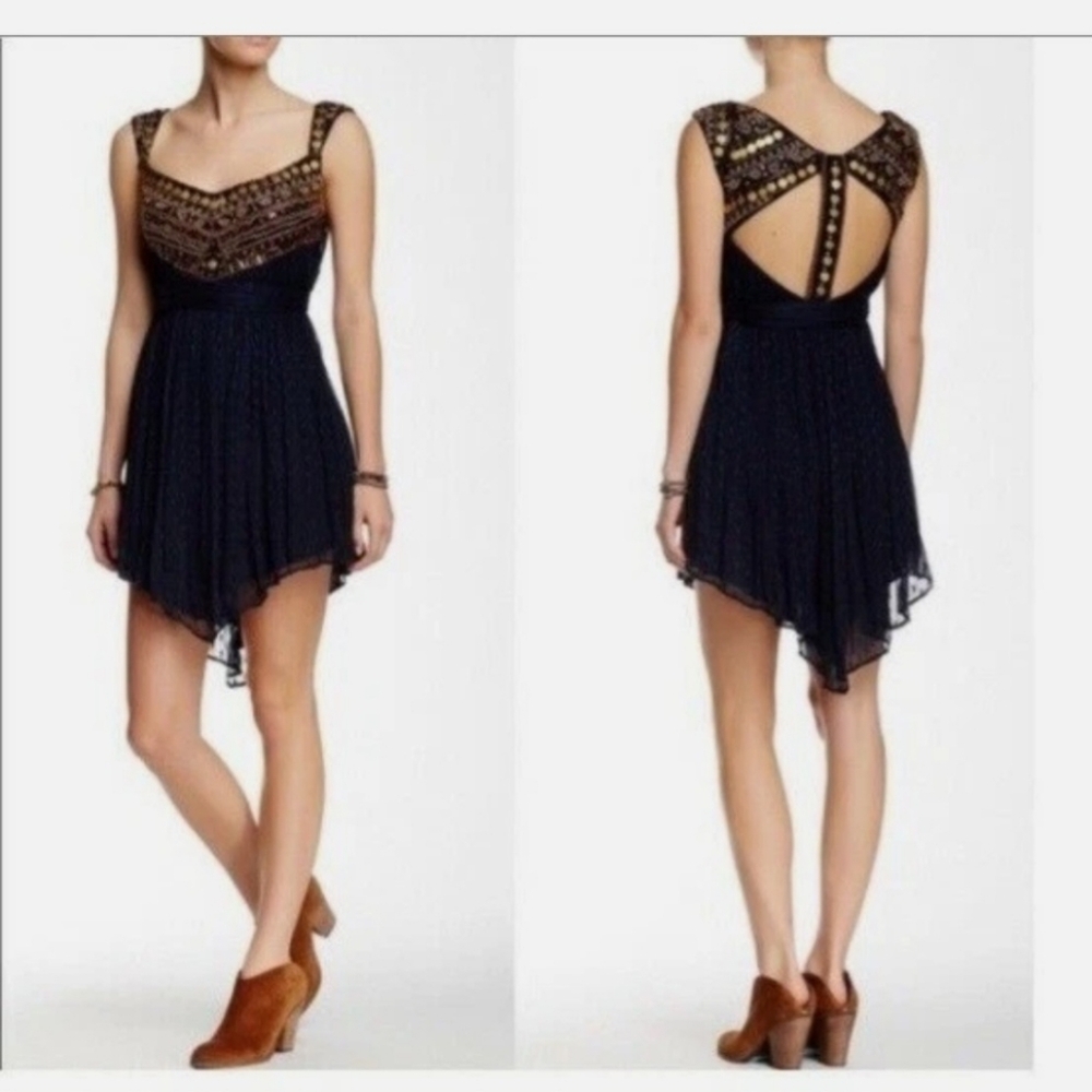 Free People Navy Dress with Copper Beaded and Coin Embellishment